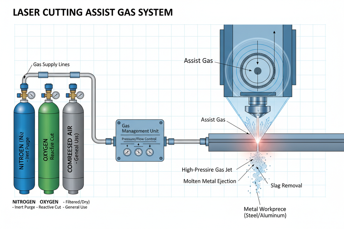 The importance of assist gases in laser cutting machines for metal cutting.